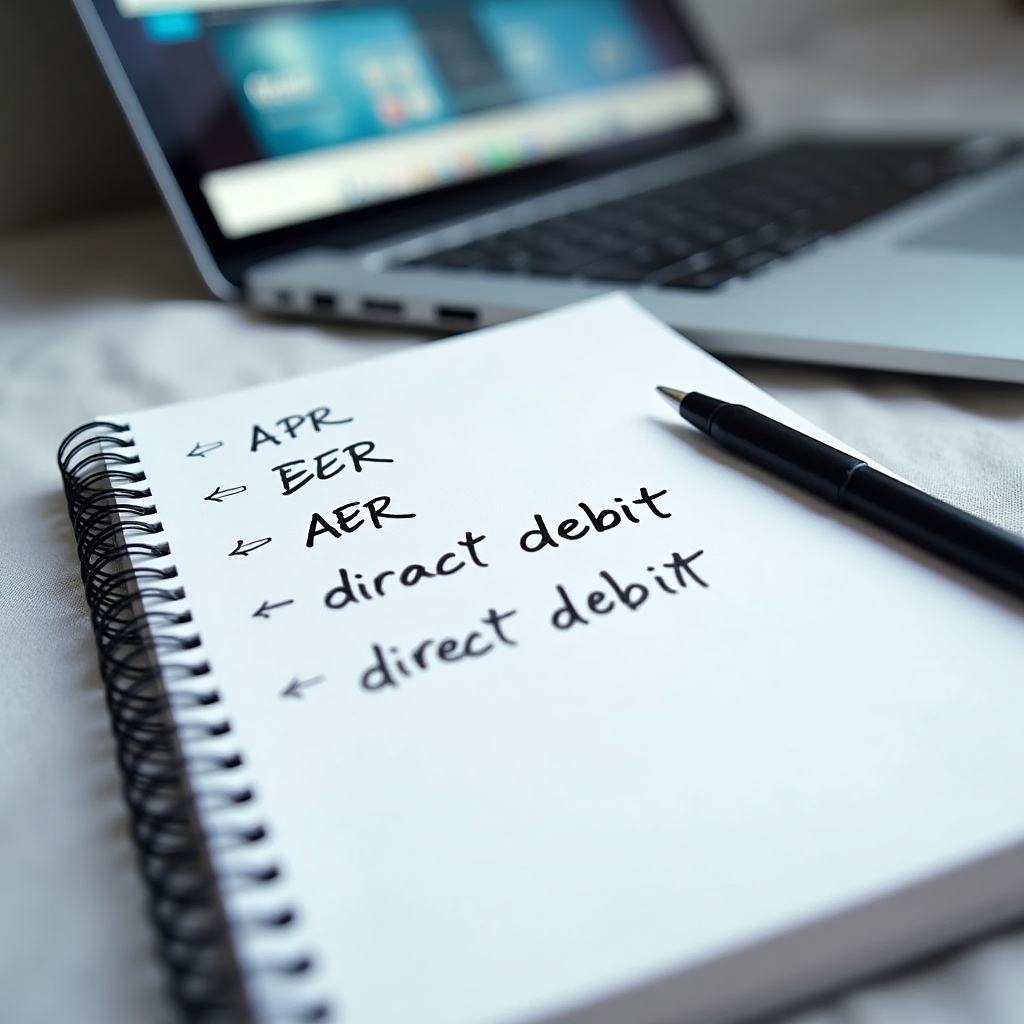 Open notebook with banking terminology notes beside a laptop showing a UK bank website
