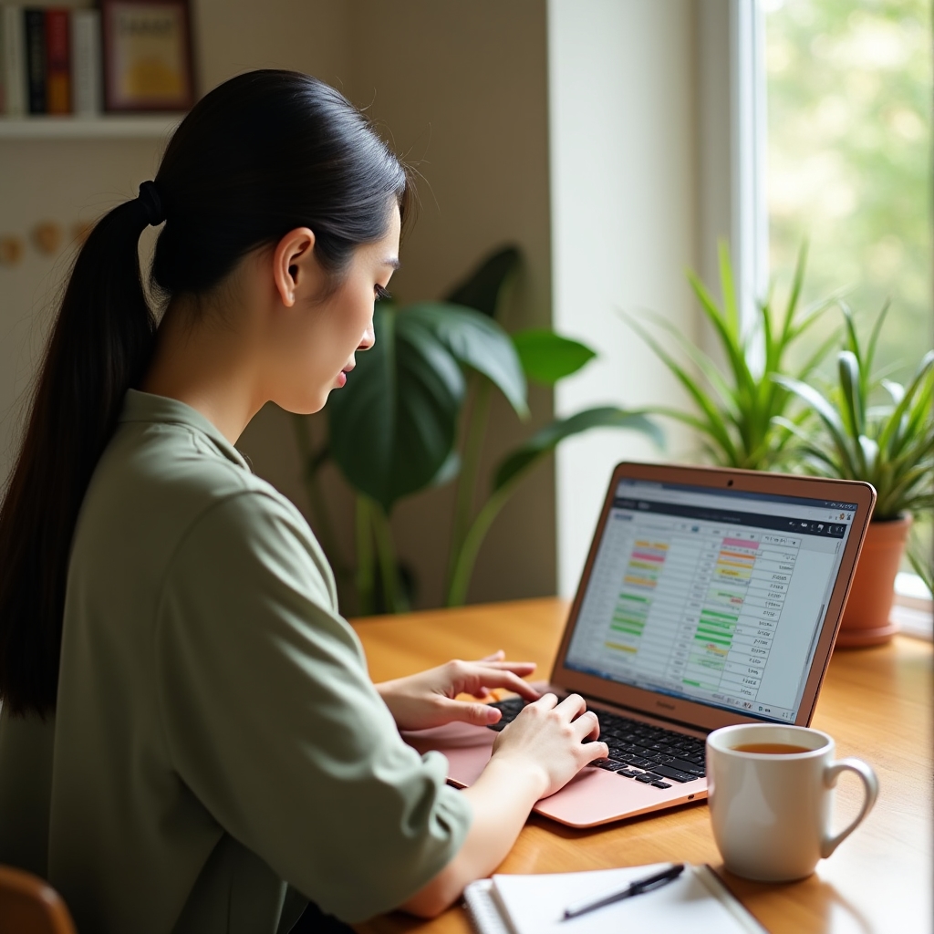 Person working on a budget spreadsheet on a laptop with a cup of tea on a wooden desk
