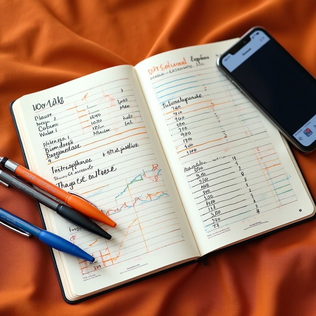 Handwritten expense tracking journal open on a table with coloured pens and a phone showing a finance app