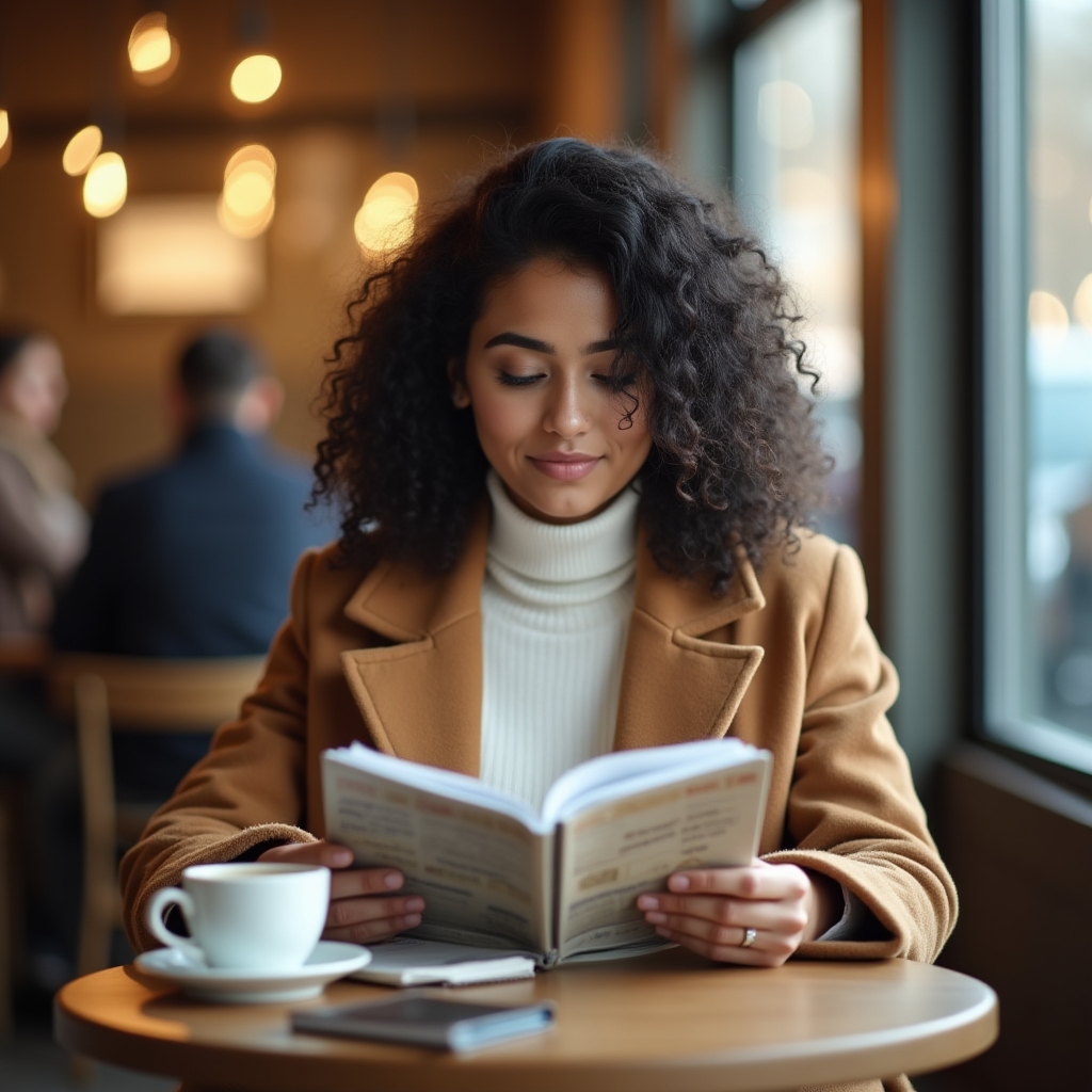 Young woman reading a financial literacy guide at a coffee shop, looking engaged and focused