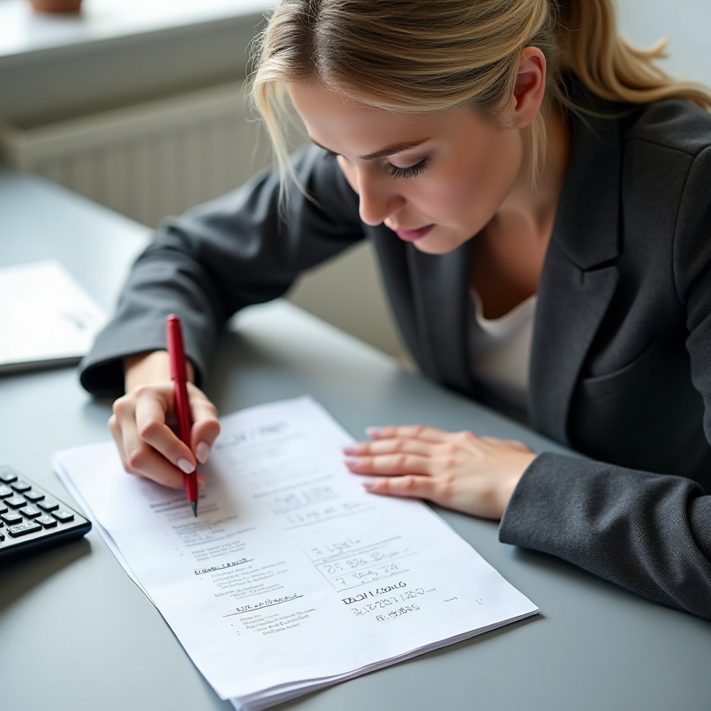 Person reviewing a printed payslip at a desk with a calculator and pen nearby