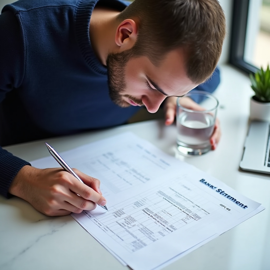 Close-up of a printed UK bank statement with a pen pointing to transaction entries