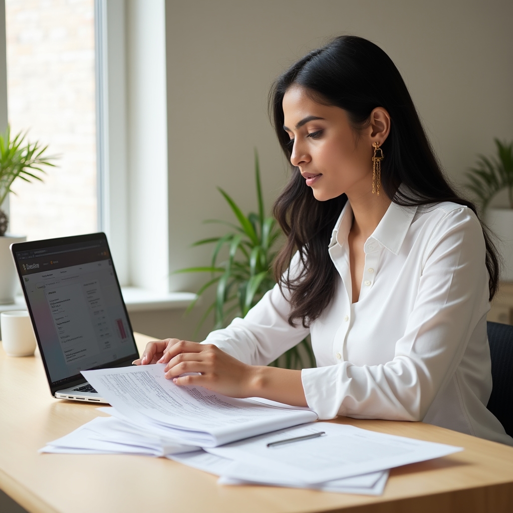 Person reviewing personal finance documents at a clean modern desk in London