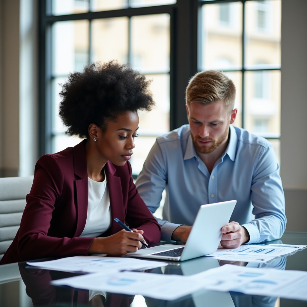 Two young professionals discussing financial education materials at a bright modern table