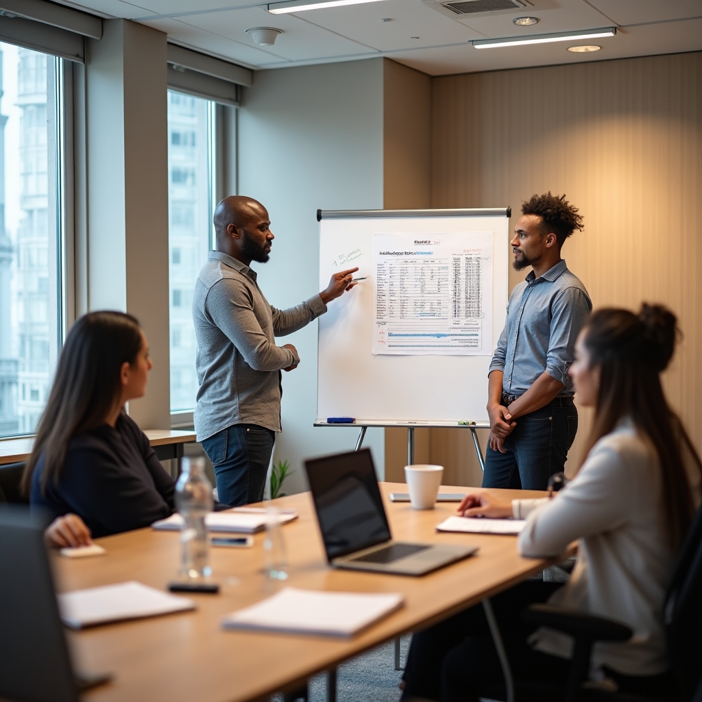 Small group of young professionals attending a financial literacy workshop in a bright modern meeting room